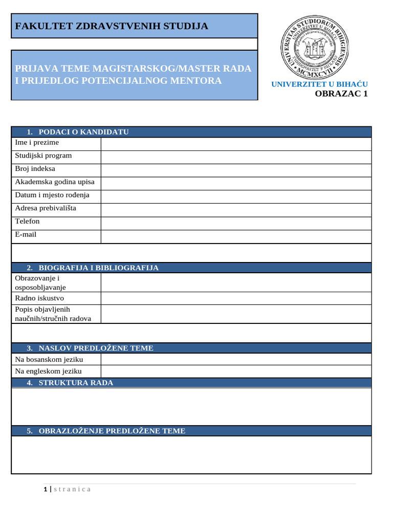 OBRAZAC 1 - Formular Prijave Teme II Ciklus | PDF