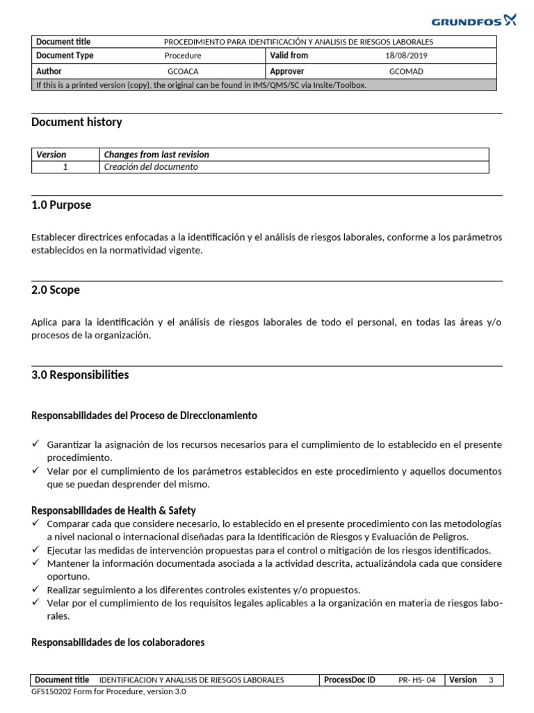 PR-HS-04 Identificación y Análisis de Riesgos Laborales | PDF | Riesgo ...