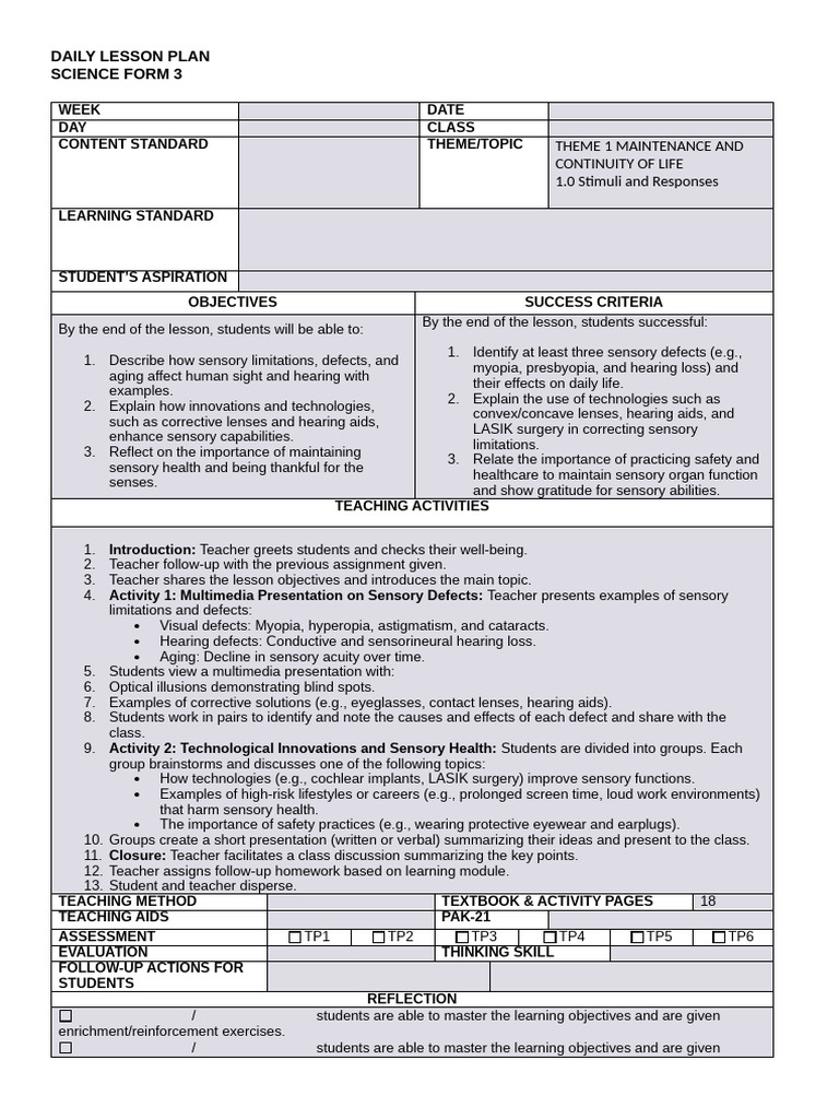 RPH Form 3 Science DLP Week 3 | PDF | Glasses | Teachers