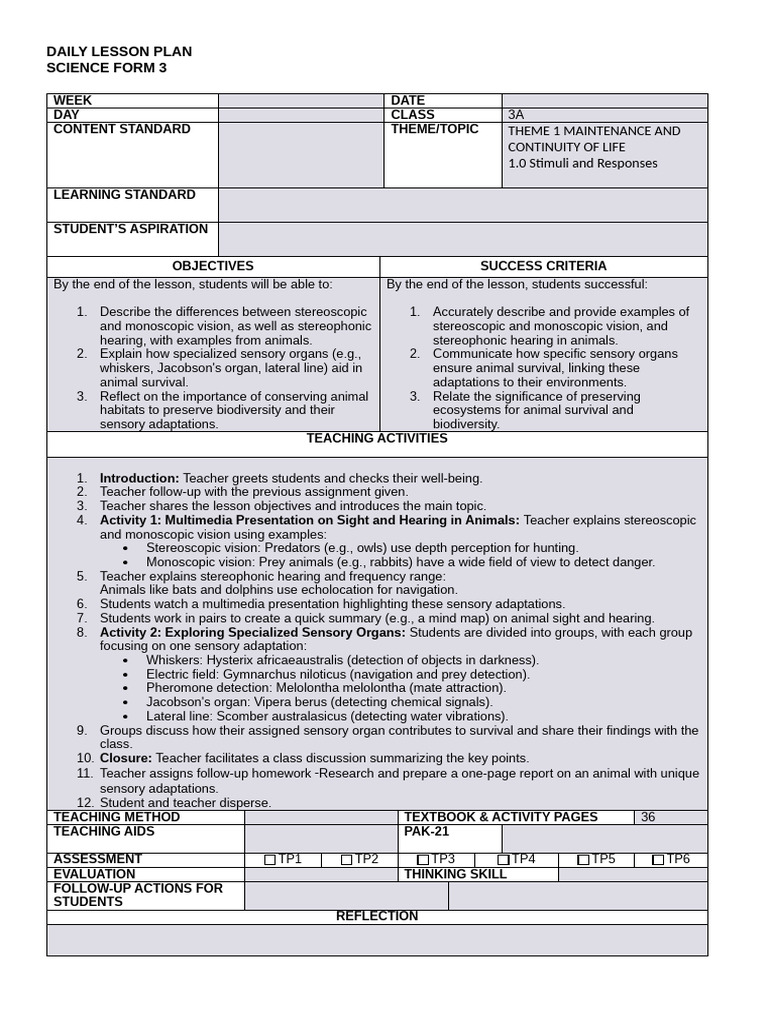 RPH Form 3 Science DLP Week 5 | PDF | Senses | Visual Perception