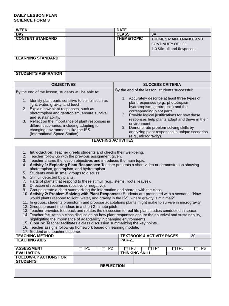 RPH Form 3 Science DLP Week 4 | PDF | Teachers | Human Communication
