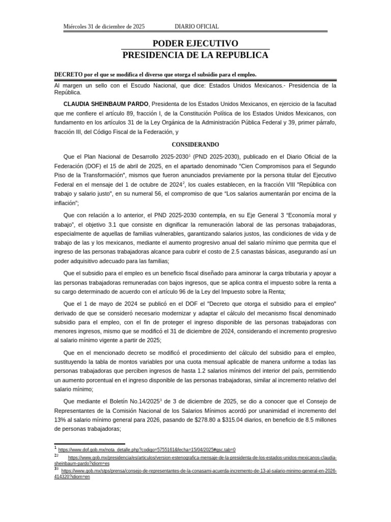 Decreto Subsidio Al Empleo 2026 | PDF | Salario mínimo | Salario