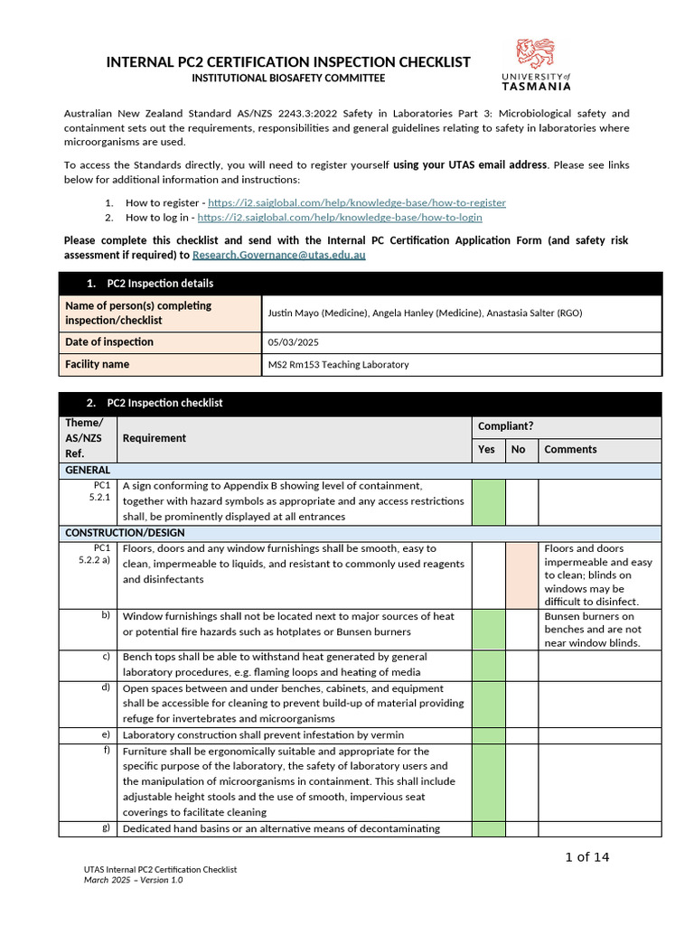 MS2 Rm153 PC2 Internal Inspection Checklist | PDF | Personal Protective ...