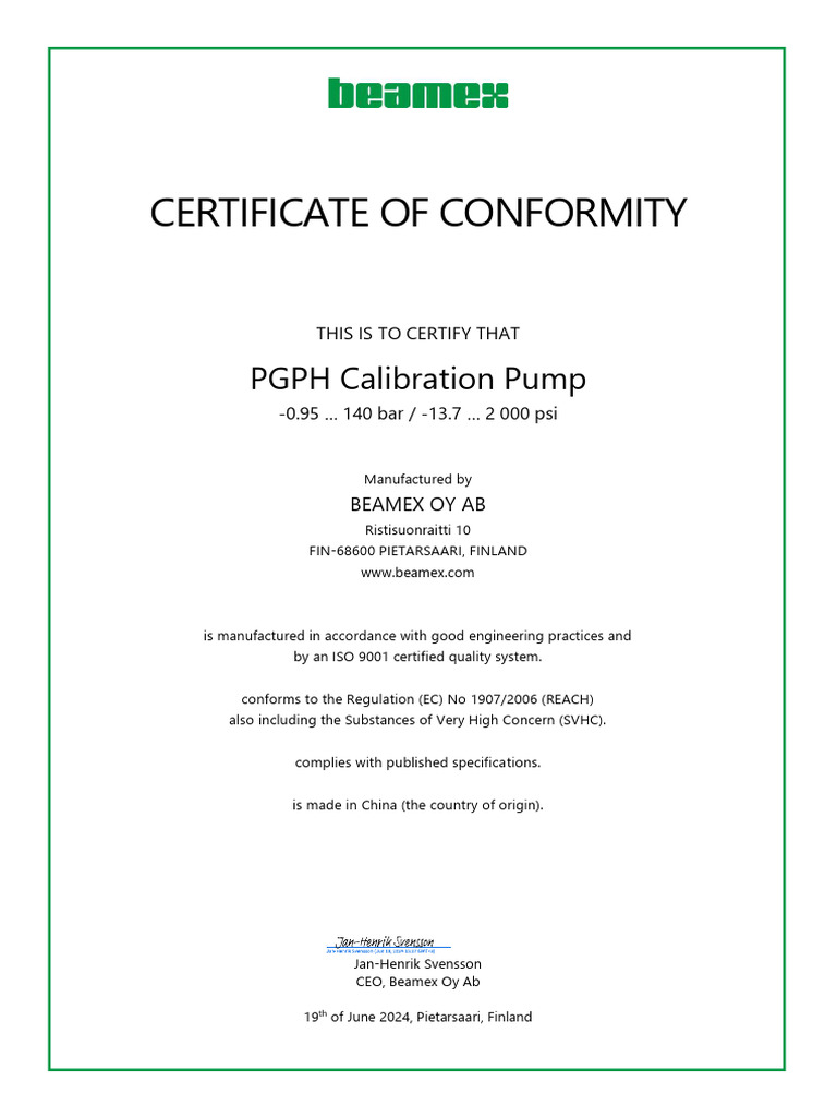 Pgph Certificate of Conformity | PDF