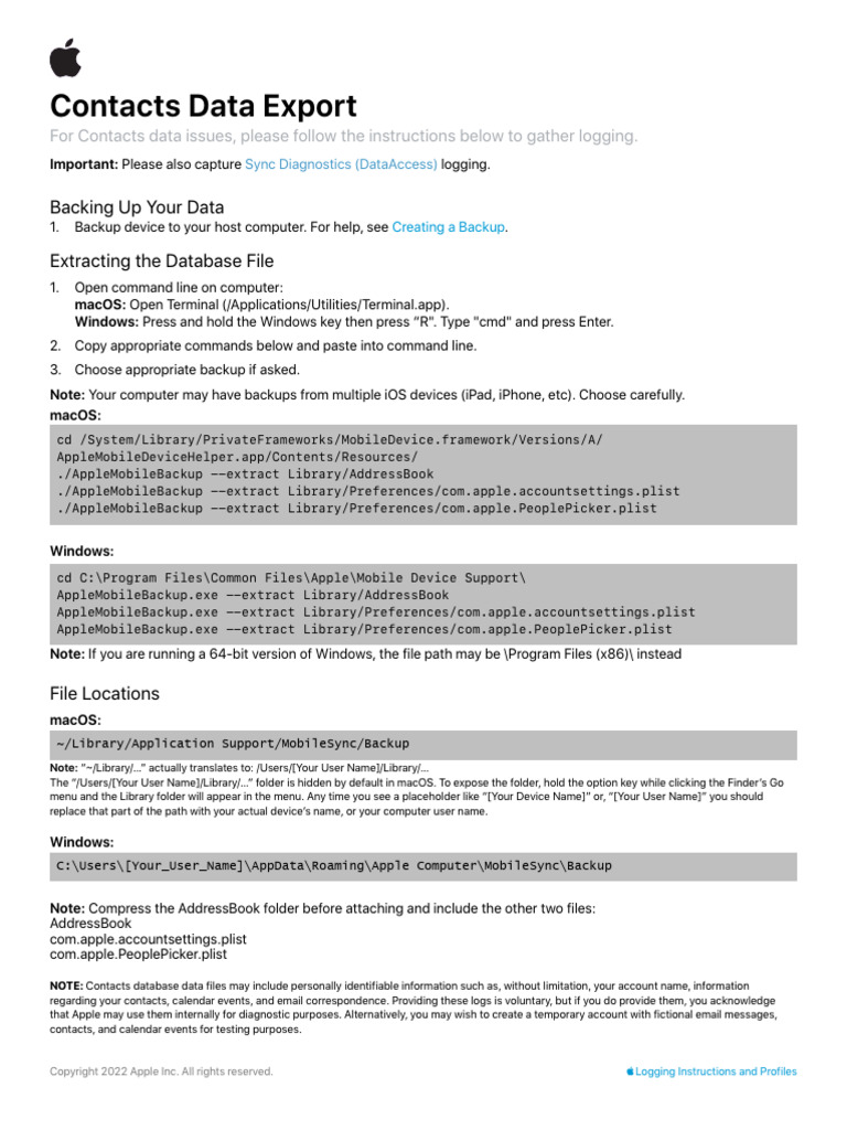 Contacts Data Export Logging Instructions | PDF | Mac Os | Computer File