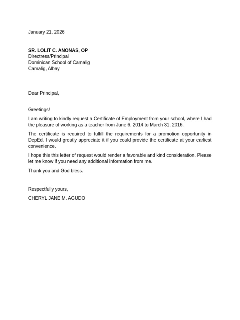 COE Request Letter | PDF