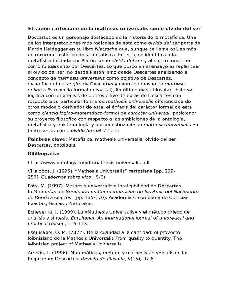 El Sueño Cartesiano de La Mathesis Universalis Como Olvido Del Ser ...