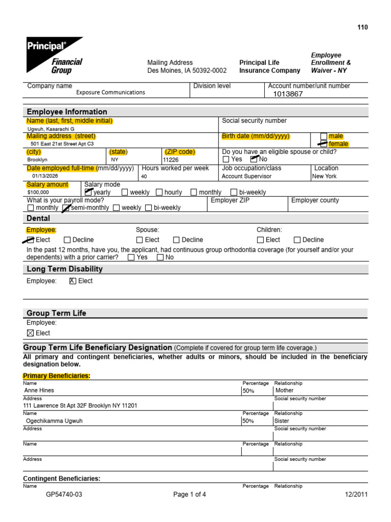 Principal Employee Enrollment Form | PDF | Social Security (United ...