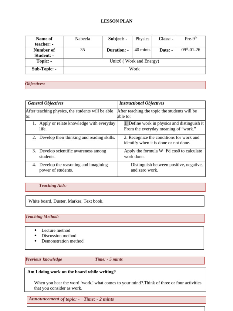 Lesson Plan of Work Hehe | PDF | Force | Cognition