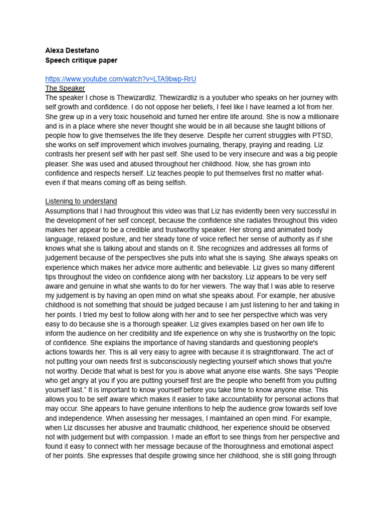 Speech Critique Paper | PDF | Body Language | Cognition