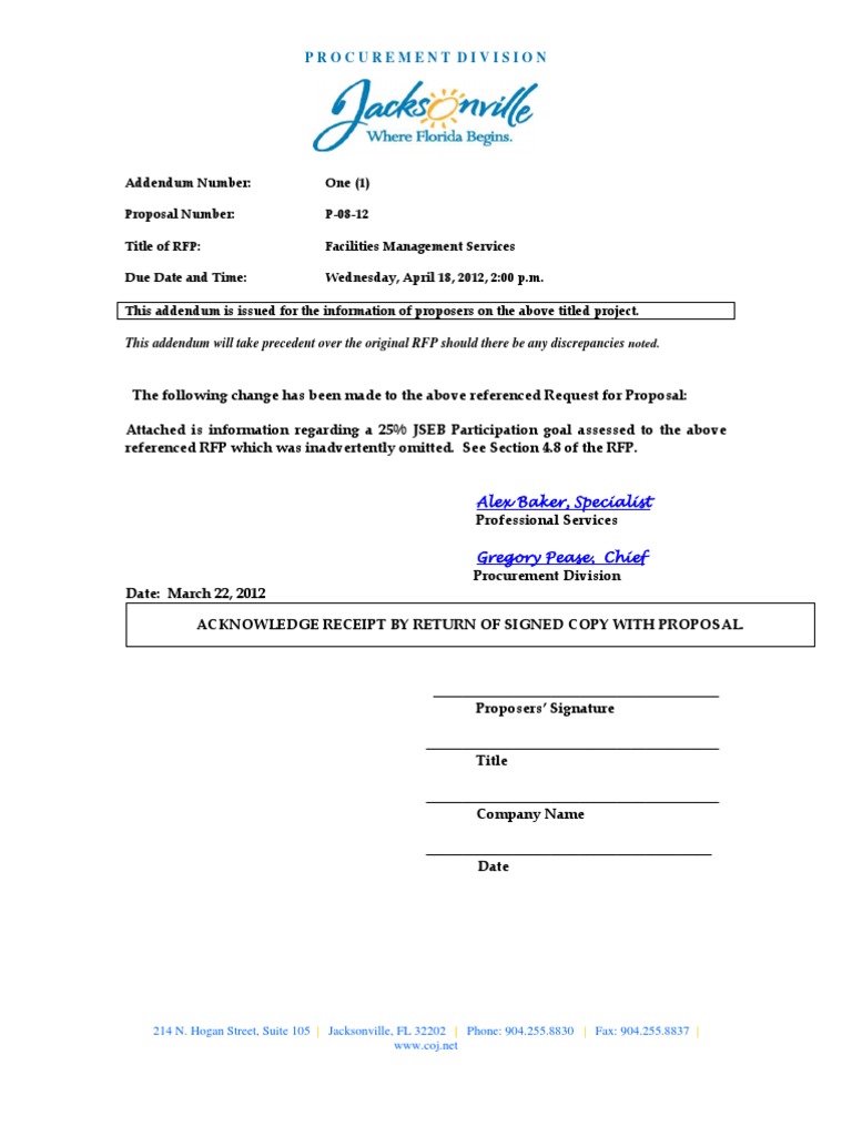 RFP Addendum P08121A Joint Venture General Contractor