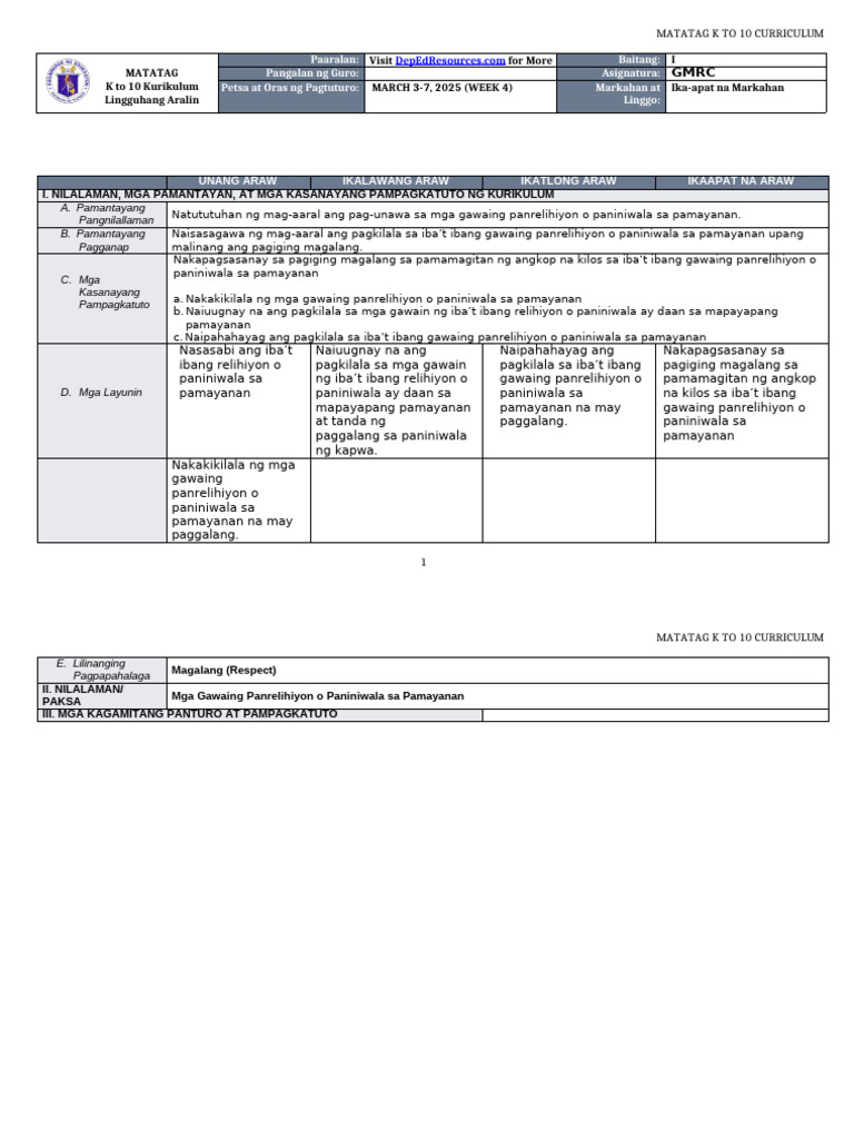 DLL Matatag - GMRC 1 - Q4 - W4 | PDF