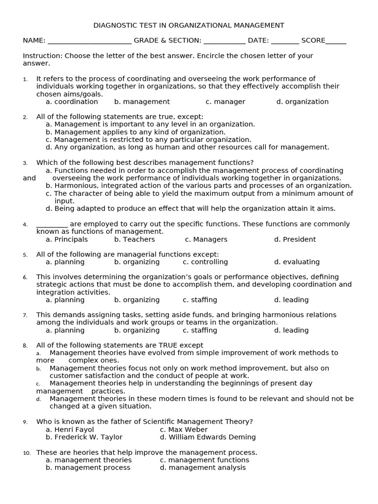 Diagnostic Test in Org - Man | PDF | Organizational Behavior | Quality ...
