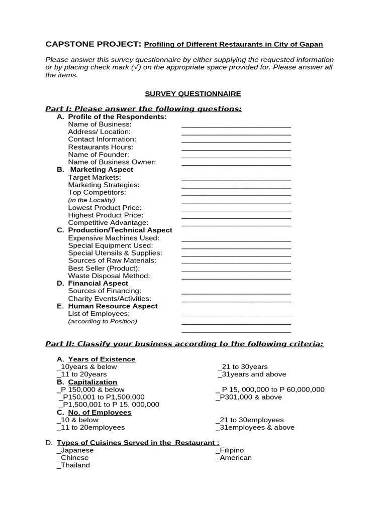 Capstone Questionnaire, Updated 1 | PDF | Restaurants | Business