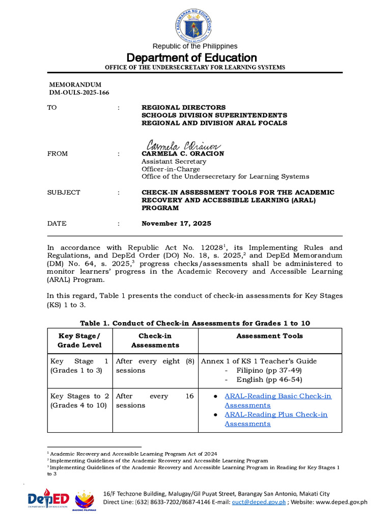 OM OULS 2025 166 Check in Assessment in The ARAL Program | PDF | Learning