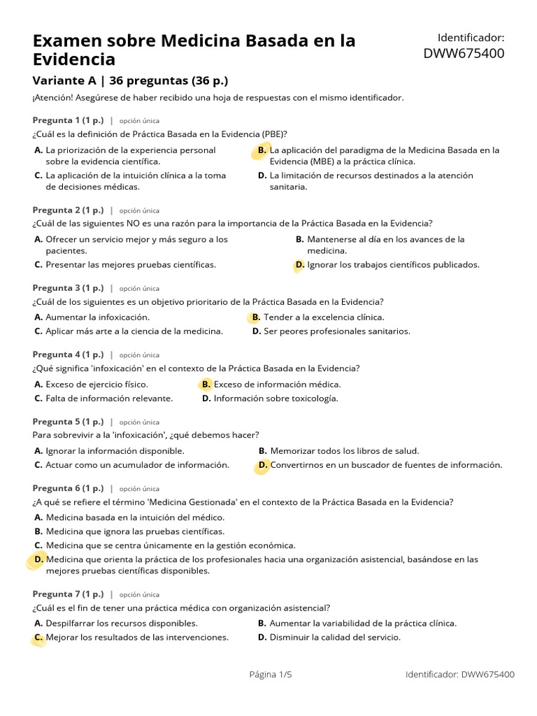 Examen Sobre Medicina Basada en La Evidencia (Variante A) | PDF ...