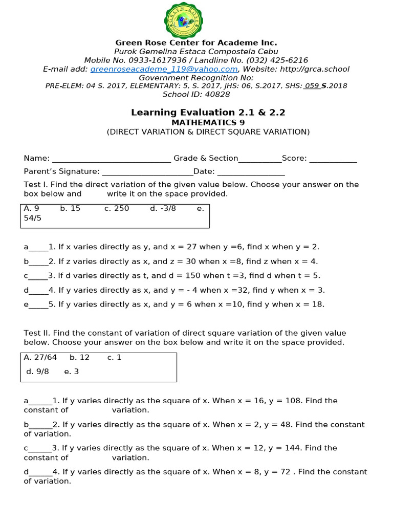 MATH 9 Q2 LE 2.1 & 2.2 | PDF