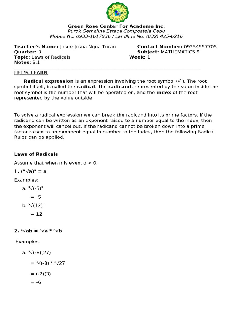Mathematics 9 Modular Q3 Week 1 | PDF | Numbers | Elementary Mathematics