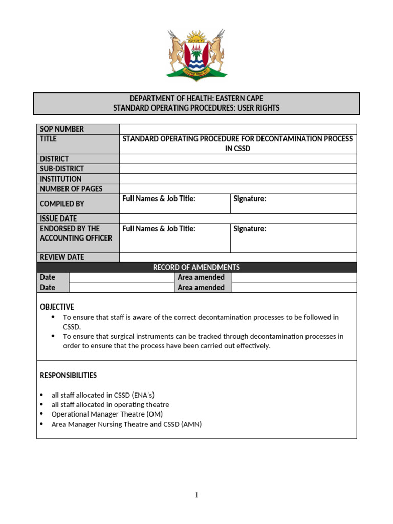SOP - Decontamination Process in CSSD | PDF | Sterilization ...