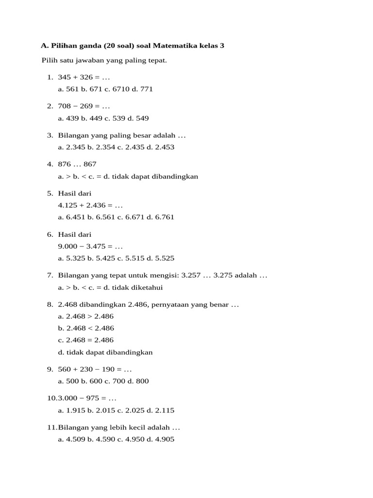 Soal Matematika Kelas 3 | PDF