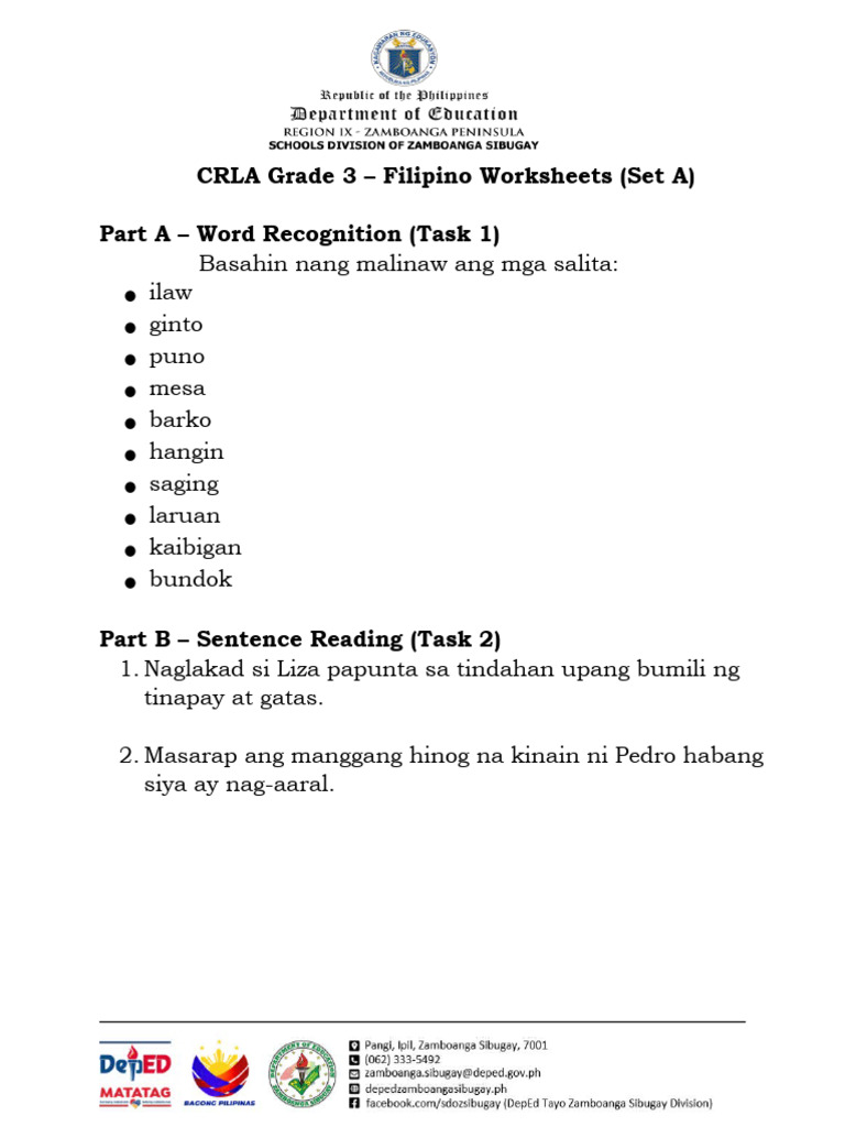 CRLA Filipino Grade 3 Worksheets | PDF