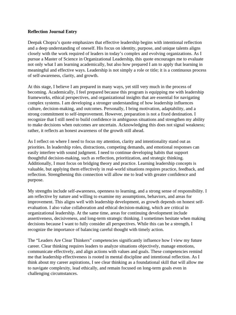Timothy Froh Reflection Journal Entry | PDF | Leadership | Thought