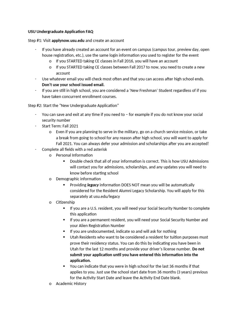 Usu Undergraduate Application Faq - Fall 2021 | PDF | University And ...