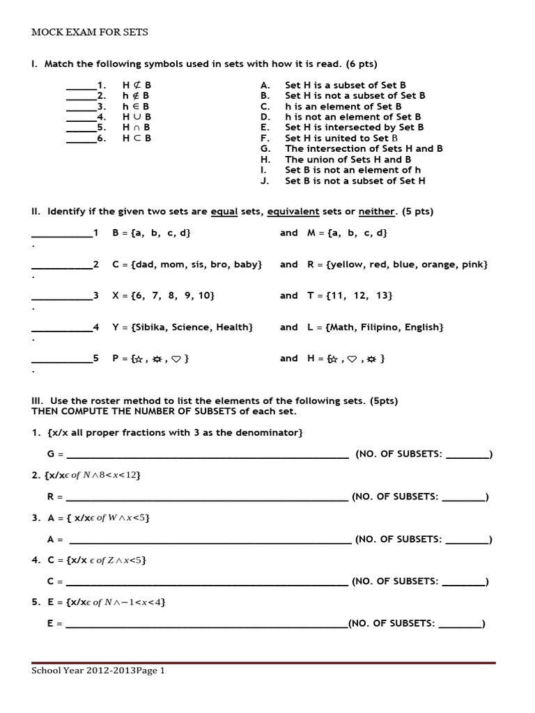 Mock Exam on Sets | PDF | Mathematics | Mathematical Concepts