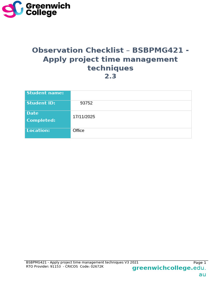 BSBPMG421 - Observation Checklist Task 2.3 v1 D | PDF | Cognition