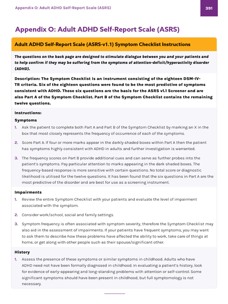 Appendix o Adult Adhd Selfreport Scale Asrs | PDF | Attention Deficit ...