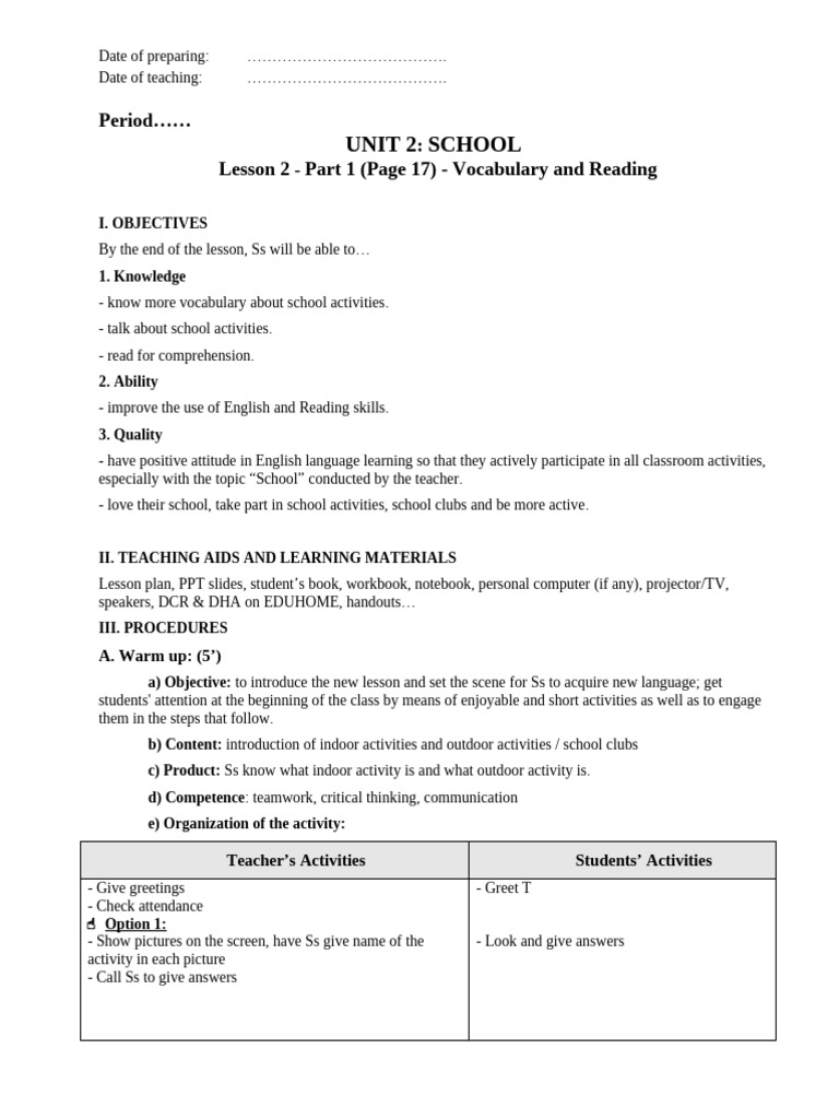 giáo án tiếng anh 6 smart world UNIT 2 - LESSON 2 - PART 1 - Vocabulary ...