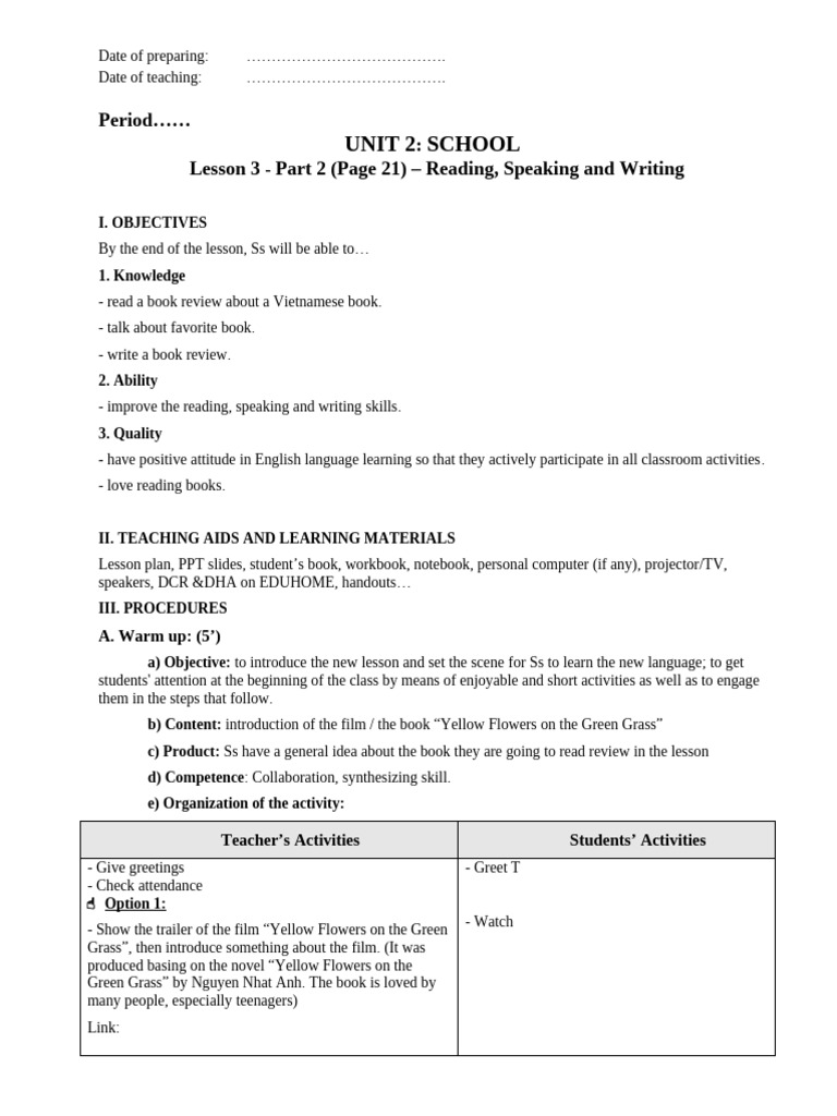 giáo án tiếng anh 6 smart world UNIT 2 - LESSON 3 - PART 2 - Reading ...