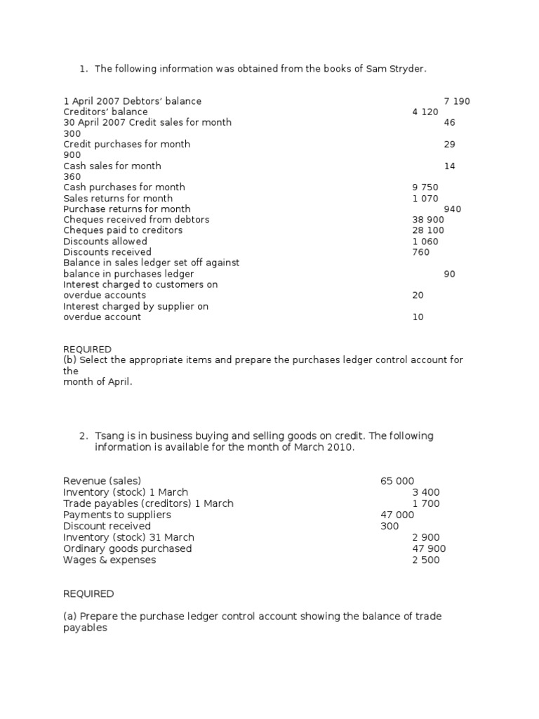 Control Accounts Practice Questions Debits And Credits Payments