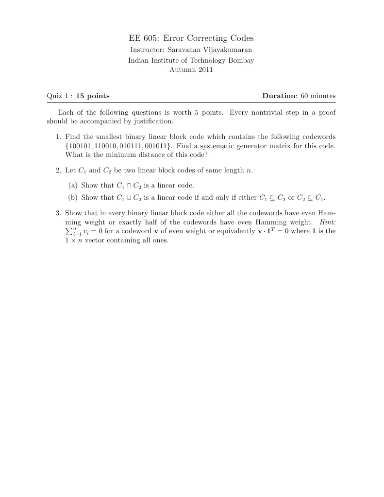 EE 605 Error Correcting Codes Quiz 1 | PDF | Algorithms | Naming ...