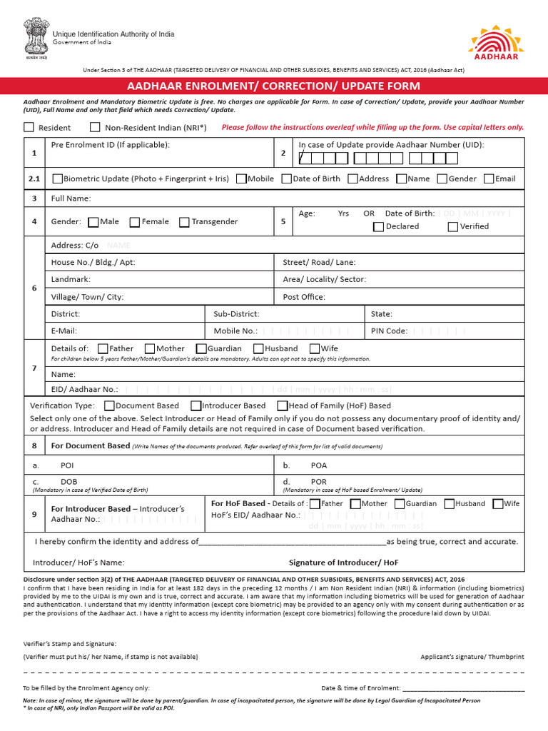 Aadhaar Enrolment Correction Form Version 2.1 | PDF | Identity Document ...