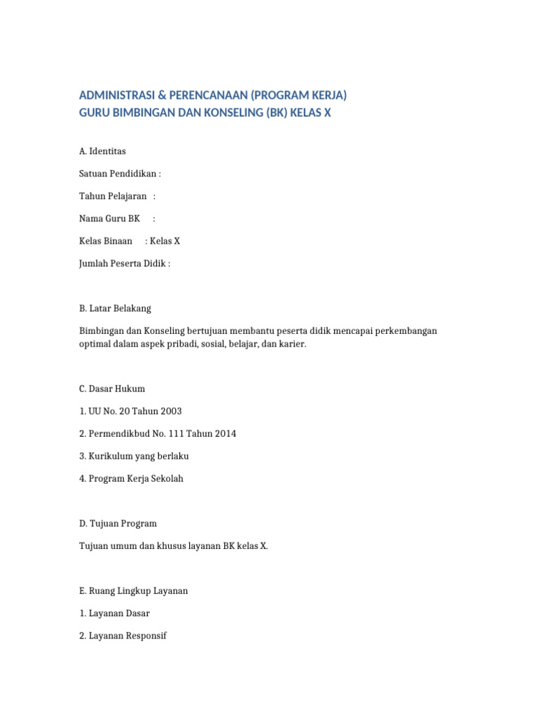 Program Kerja BK Kelas X | PDF