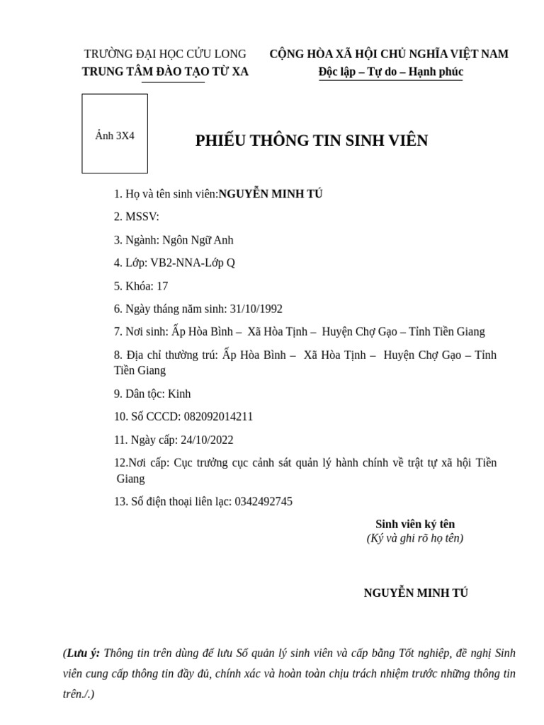 Mau Phieu Thong Tin SV | PDF