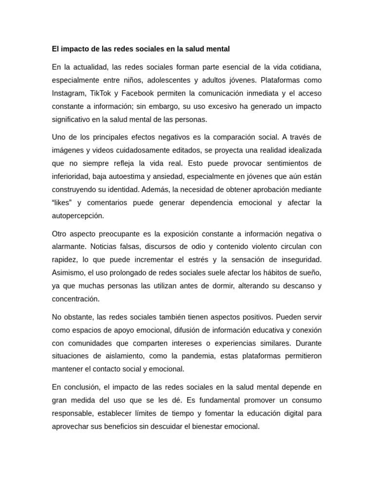 El Impacto de Las Redes Sociales en La Salud Mental | PDF