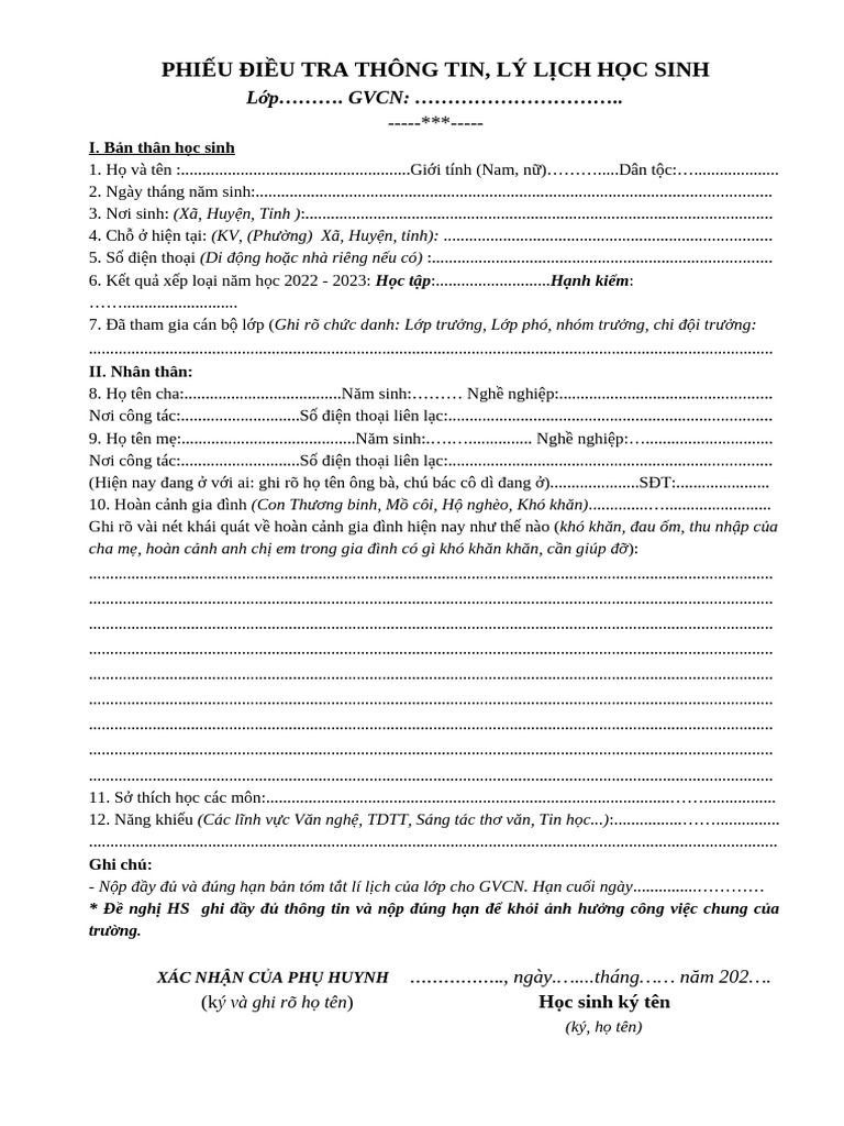 Phieu Dieu Tra Thong Tin Hoc Sinh TH 1209161422 | PDF