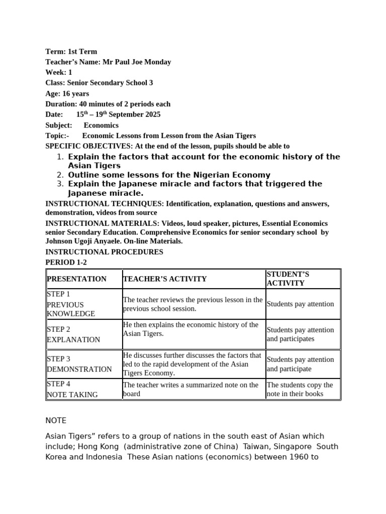 SS3 Economics First Term Lesson Note | PDF | Four Asian Tigers | Economies