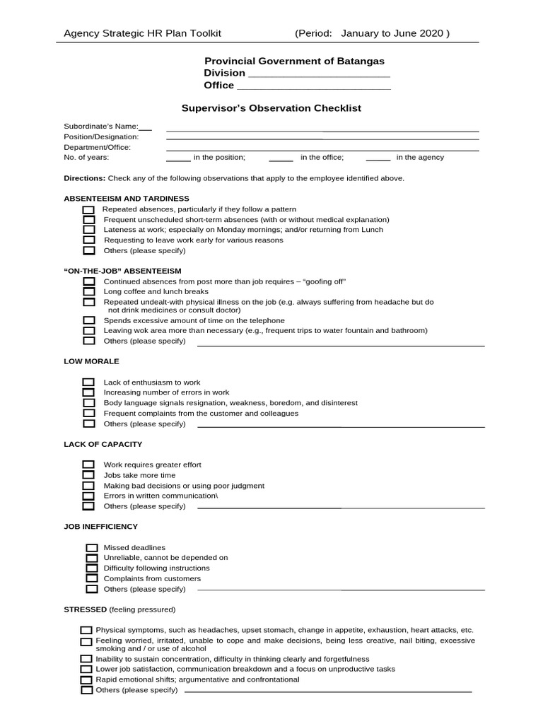 2020 Supervisors Observation Checklist | PDF | Behavioural Sciences ...