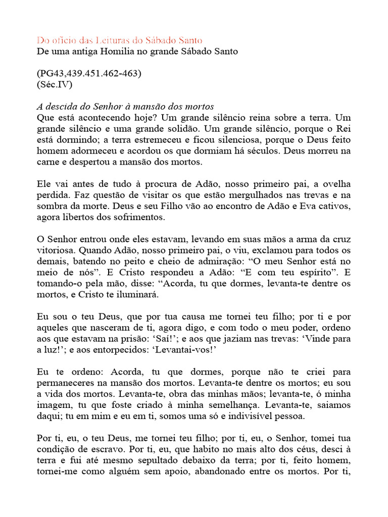 Comentário Sobre A Grande Homilia Da Oficio Das Leituras | PDF | Adão e ...