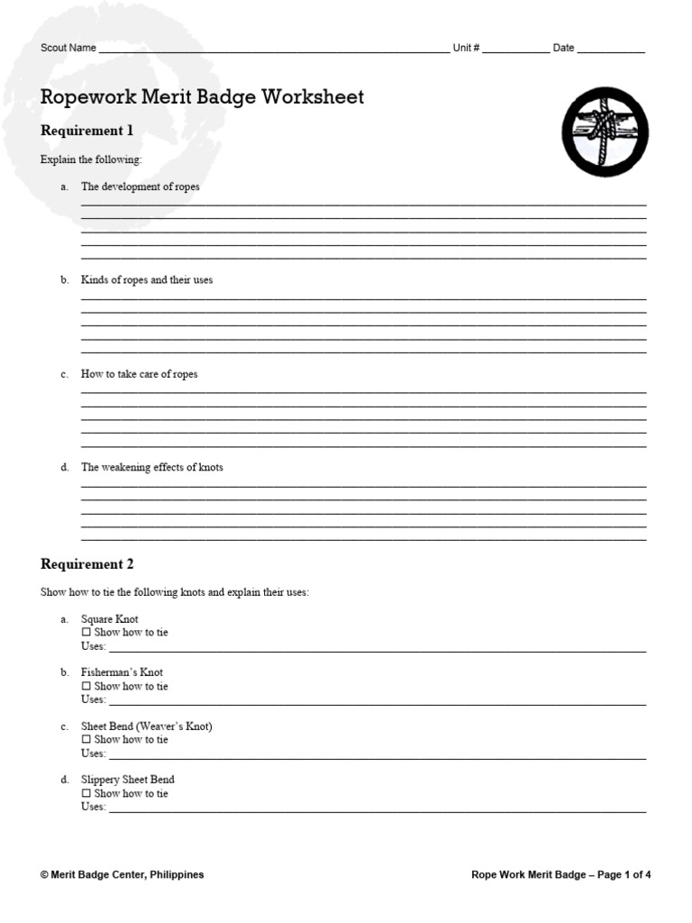 Rope Work Merit Badge Worksheet | PDF | Knot | Rope