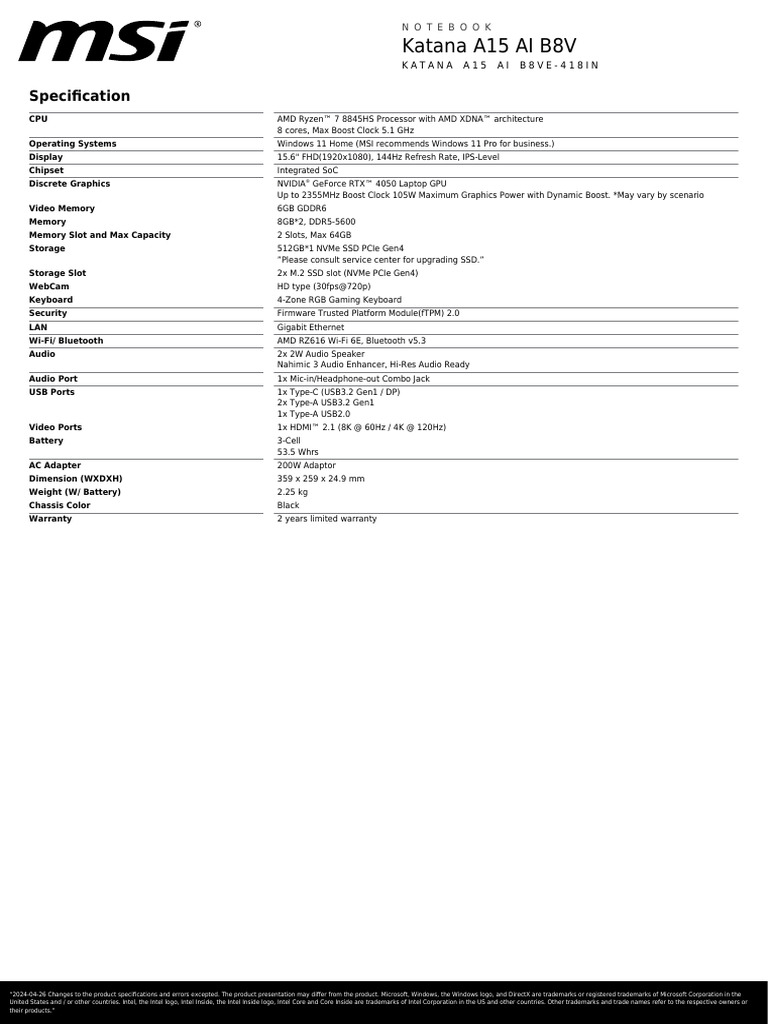 Katana A15 Ai B8ve-418in | PDF | Intel | Graphics Processing Unit