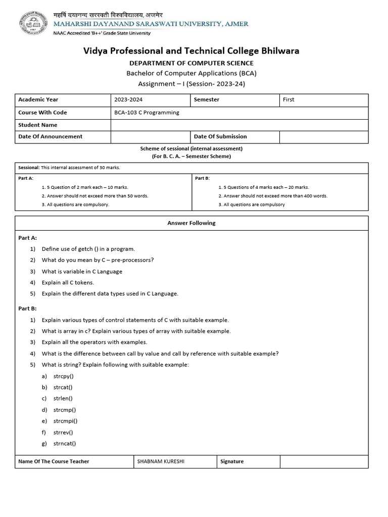 C PROG Internal Assessment | PDF
