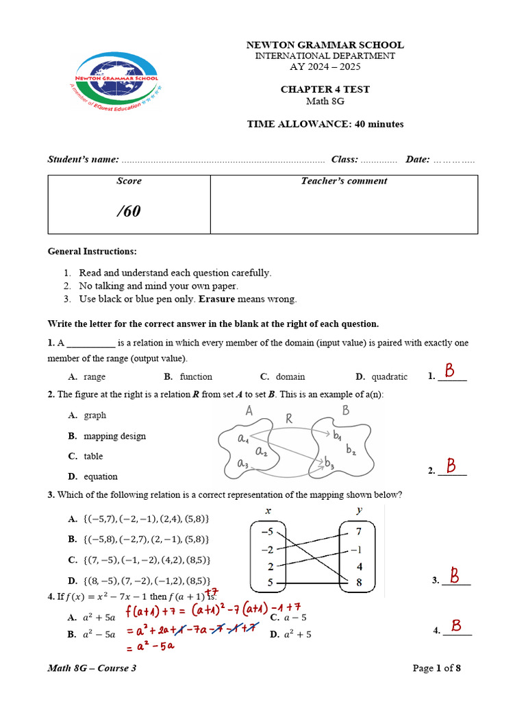 Chapter 4 Test 8G.pdf (1) | PDF | Mathematics | Mathematical Relations