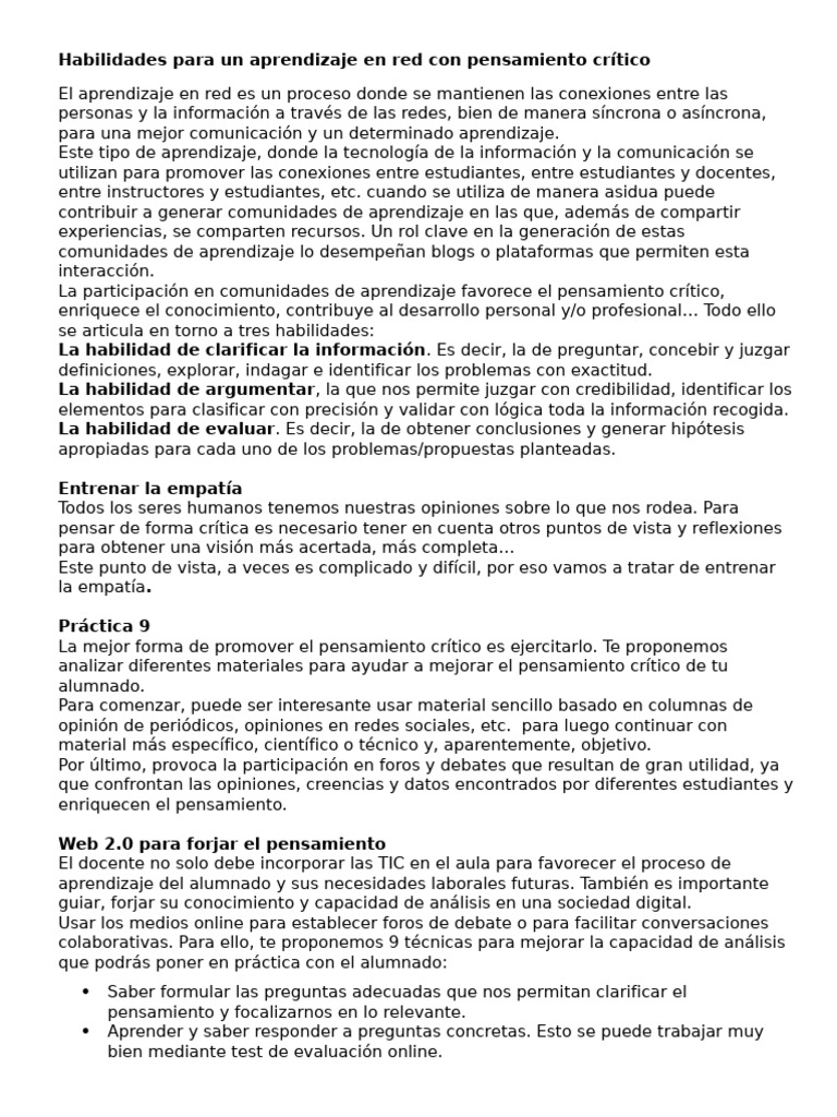 Habilidades para Un Aprendizaje en Red Con Pensamiento Crítico | PDF ...