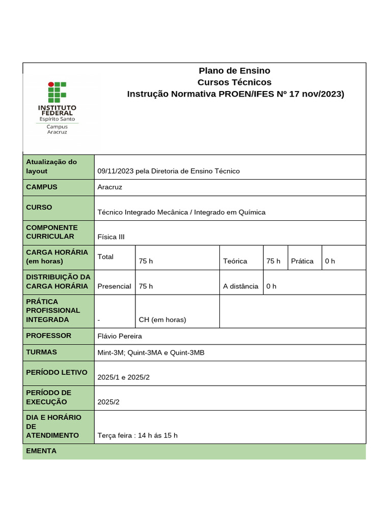 Plano de Ensino - Física 3 - Mint-Quint 2025-2 | PDF | Eletricidade ...