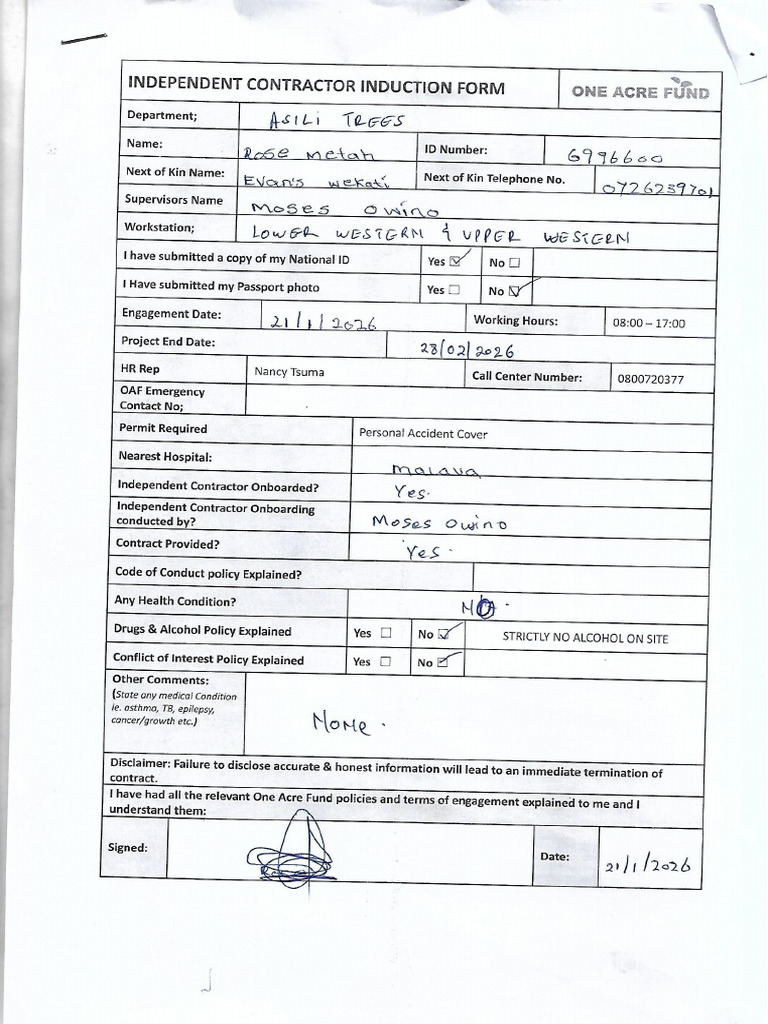 Independent Contractor Induction Form | PDF