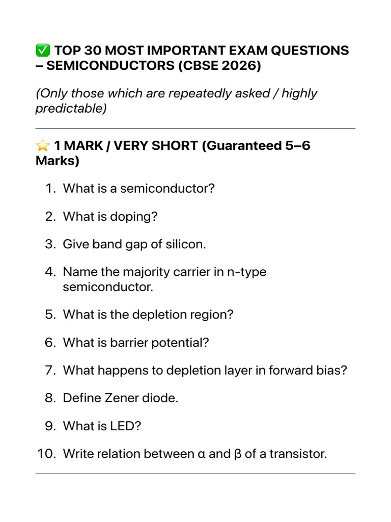 Top 30 Most Important Exam Questions - Semiconductors (Cbse 2026) | PDF
